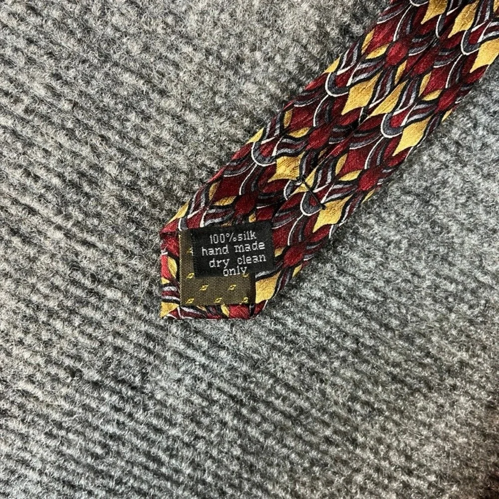 Stonehenge Mens Silk Tie Burgundy Gold Geometric Pattern Handmade Necktie
